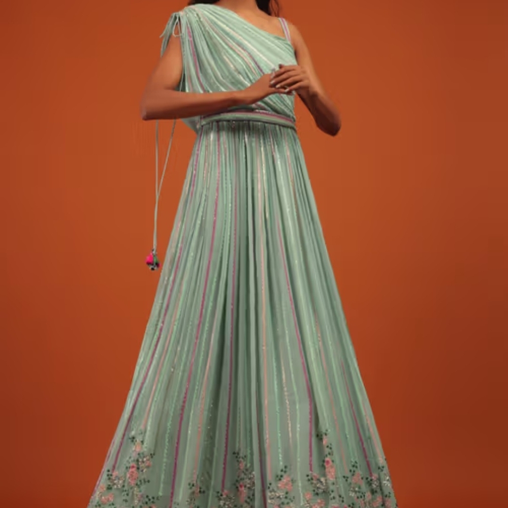 Green Ruched One-Shoulder Gown for Weddings